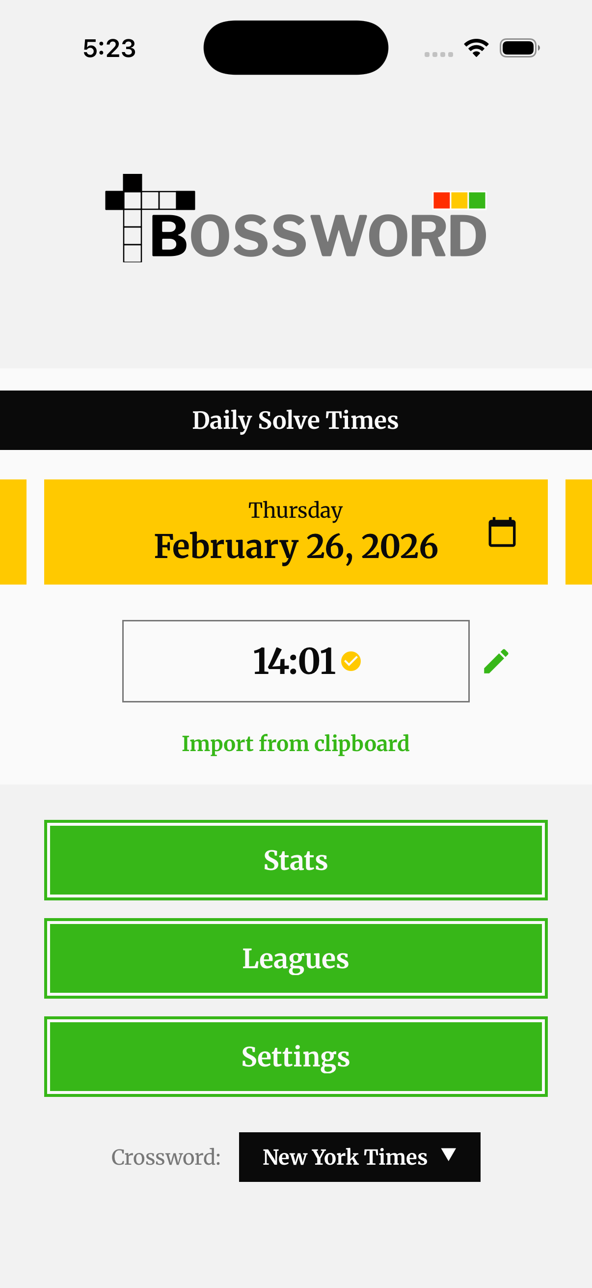 Bossword home screen showing daily solve time entry
