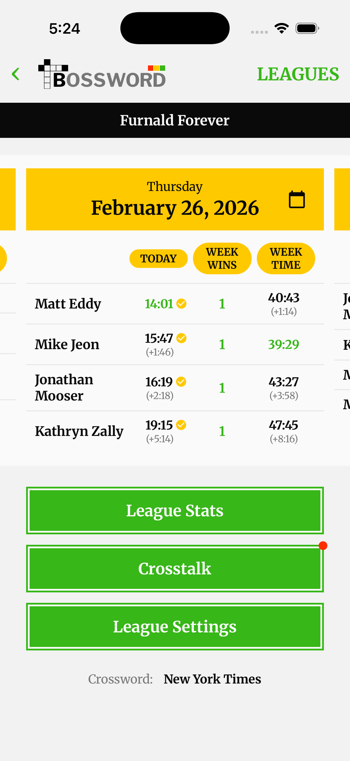 League detail showing daily results and standings