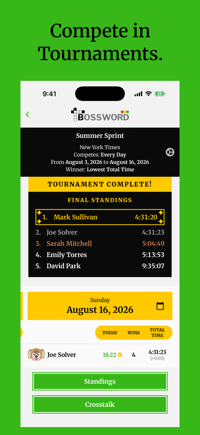 A finished tournament showing its final standings podium, captioned: Compete in Tournaments.